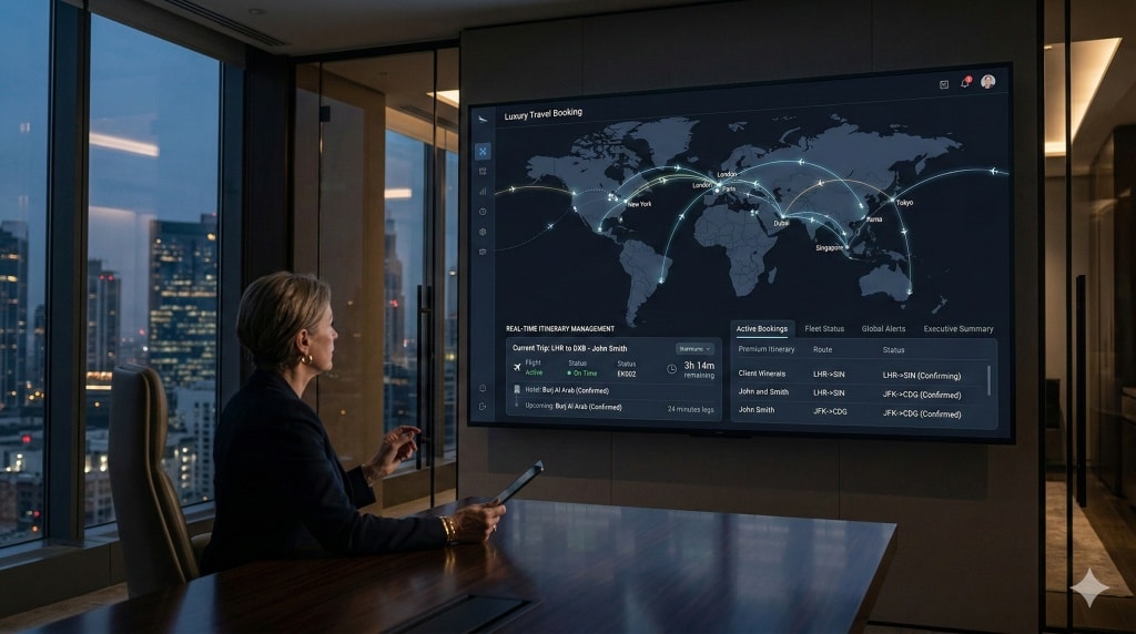 Luxury travel booking platform dashboard showing global itinerary management