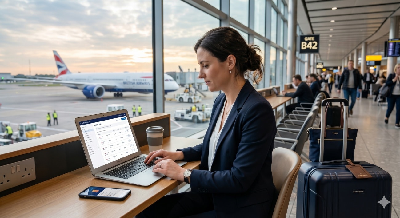 Corporate Travel Solutions Through a Booking Platform dashboard used by business traveler at airport